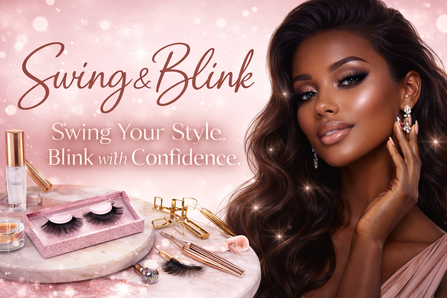 Swing and Blink lashes featuring luxury eyelash extensions and beauty accessories on a Black model